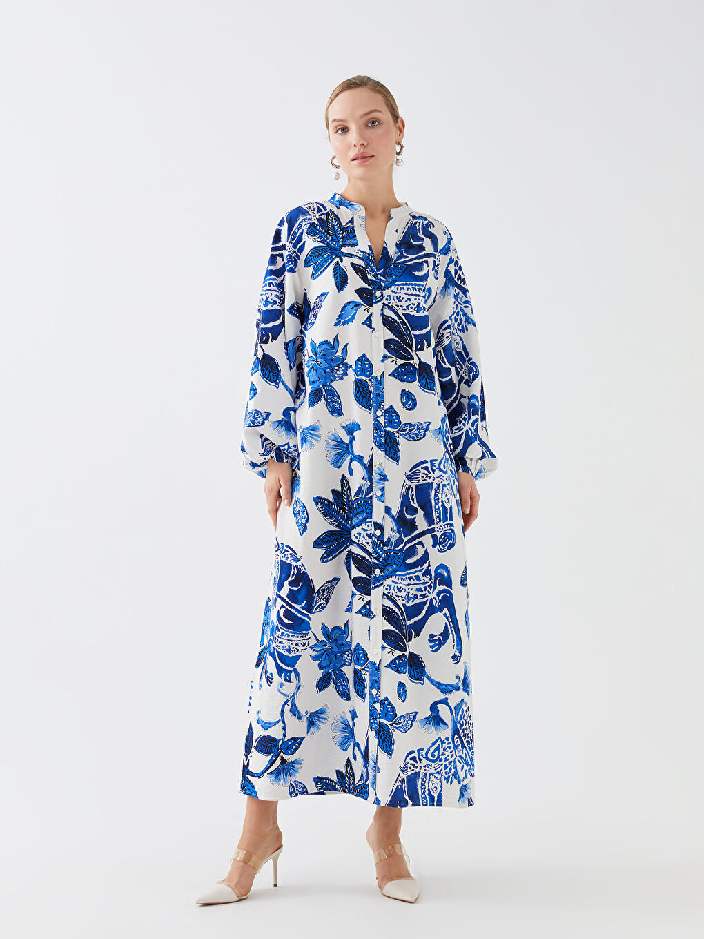 Henley Neckline Patterned Long Sleeve Women's Shirt Dress -S3CF26Z8-LQQ