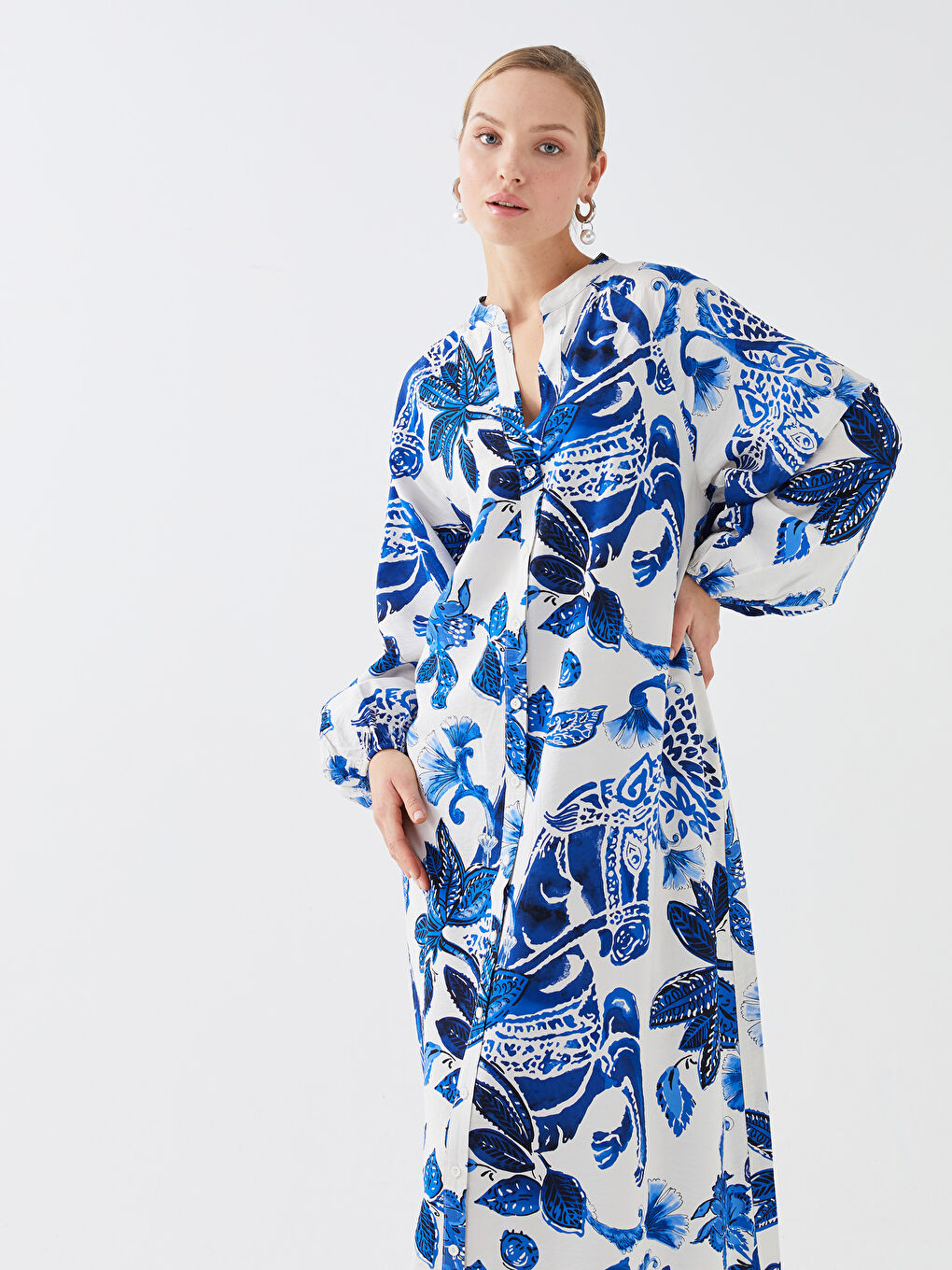 Henley Neckline Patterned Long Sleeve Women's Shirt Dress -S3CF26Z8-LQQ