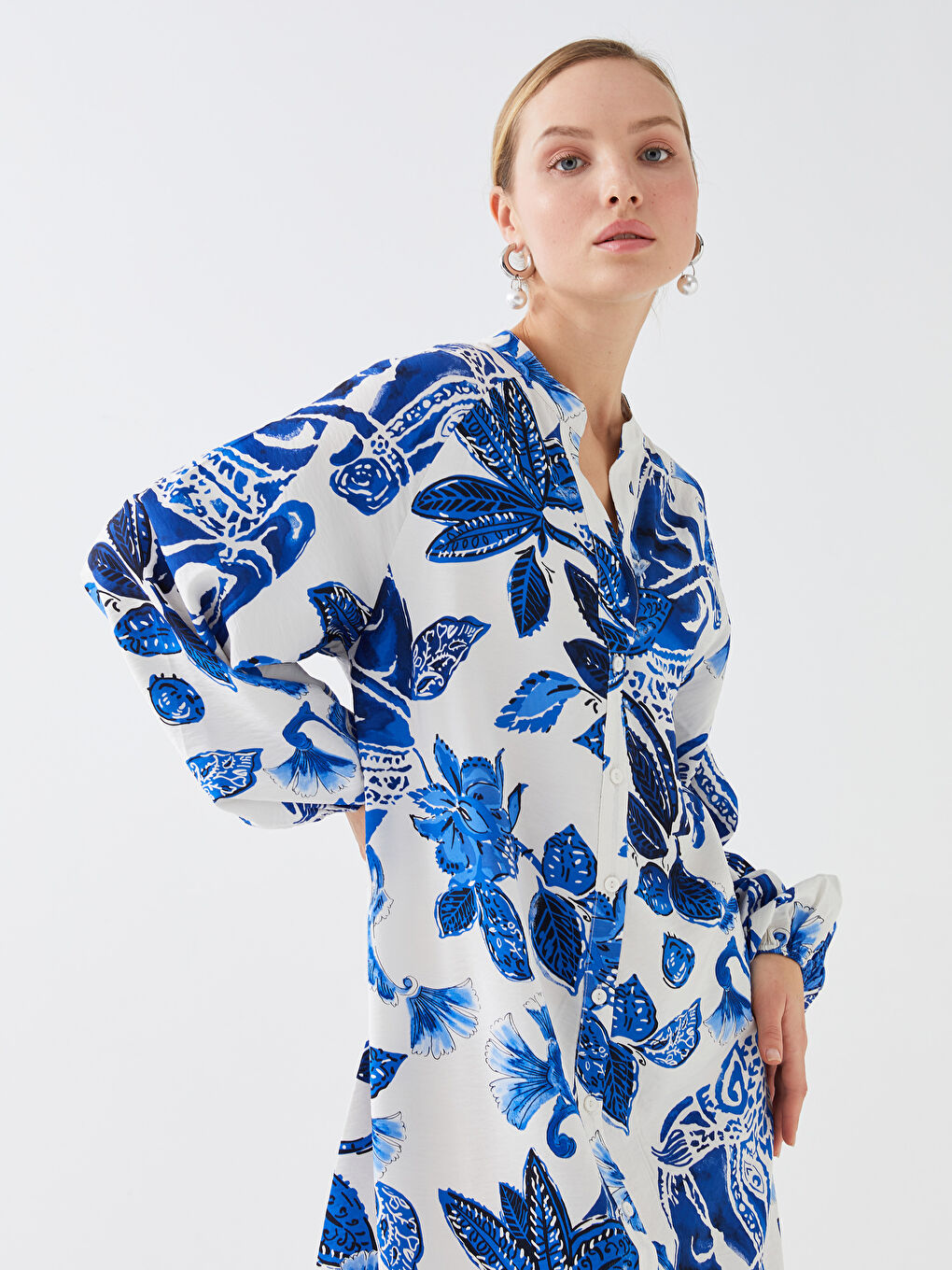 Henley Neckline Patterned Long Sleeve Women's Shirt Dress -S3CF26Z8-LQQ