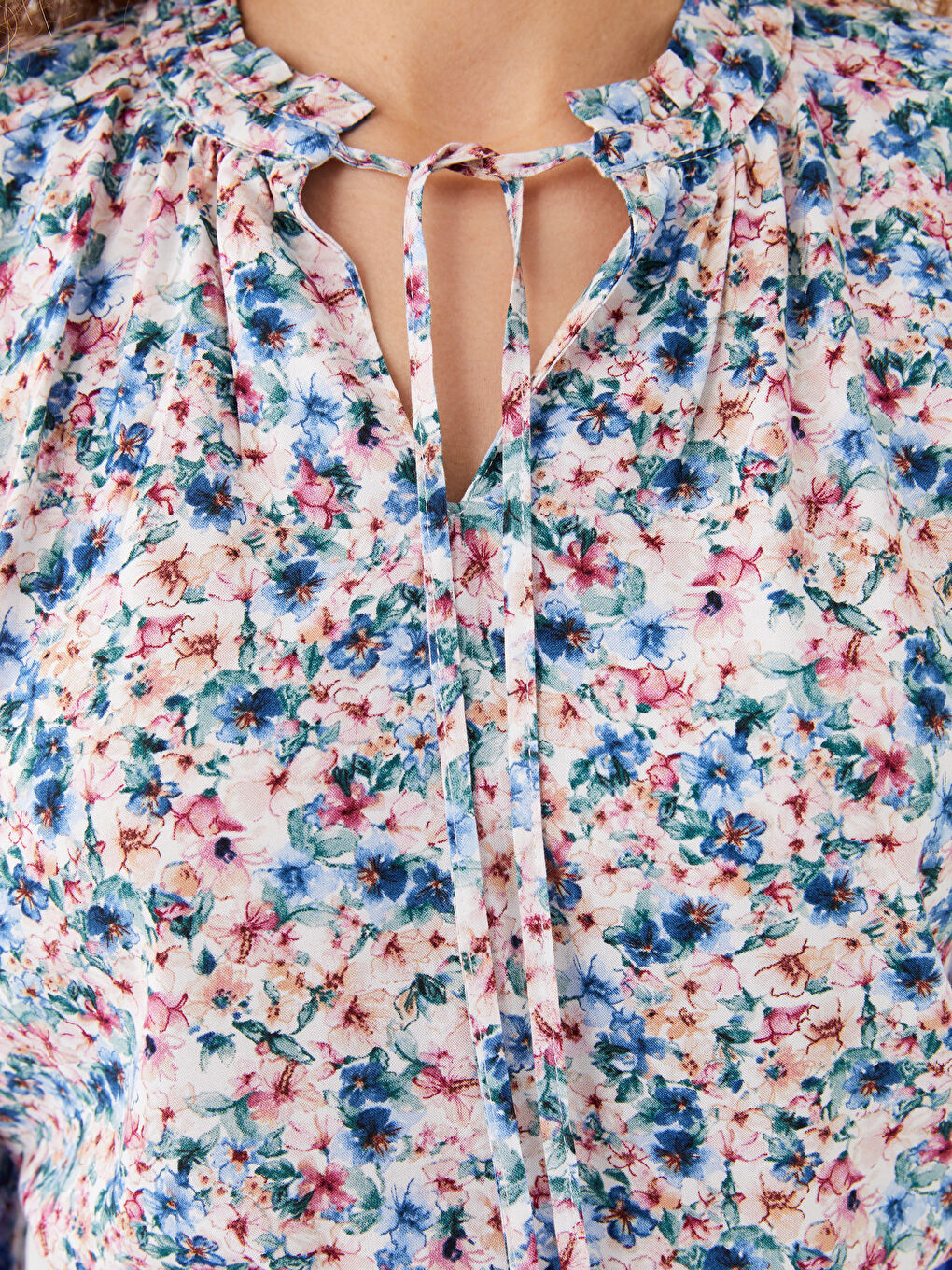 Tie Neck Patterned Long Sleeve Women's Blouse-3