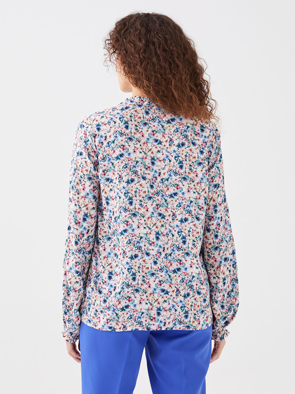 Tie Neck Patterned Long Sleeve Women's Blouse-4