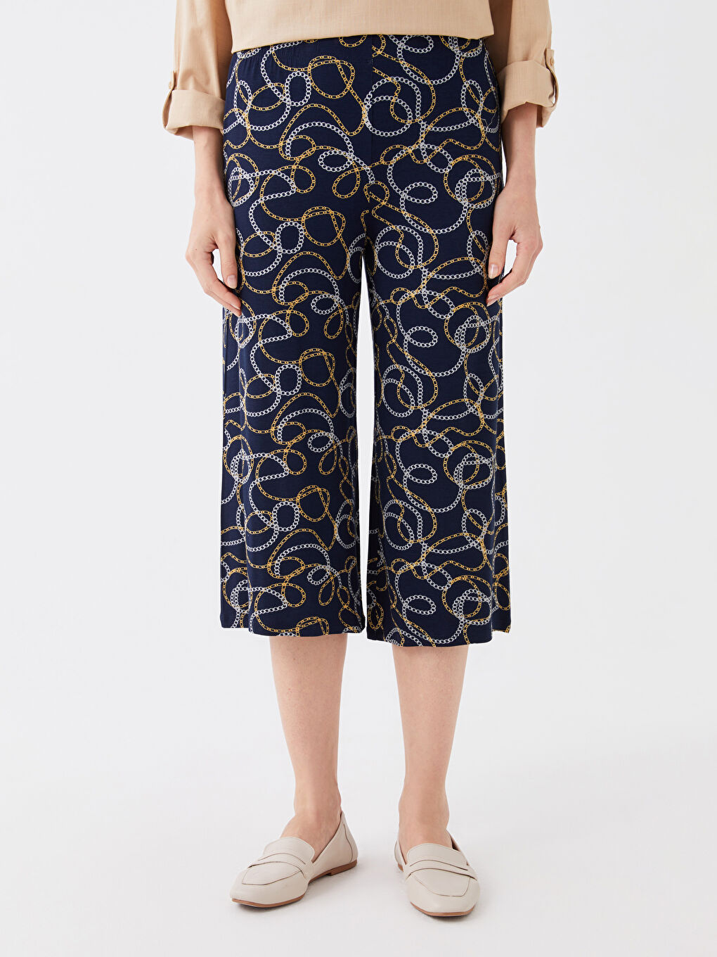 Lacivert Beli Lastikli Desenli Kadın Kapri-2