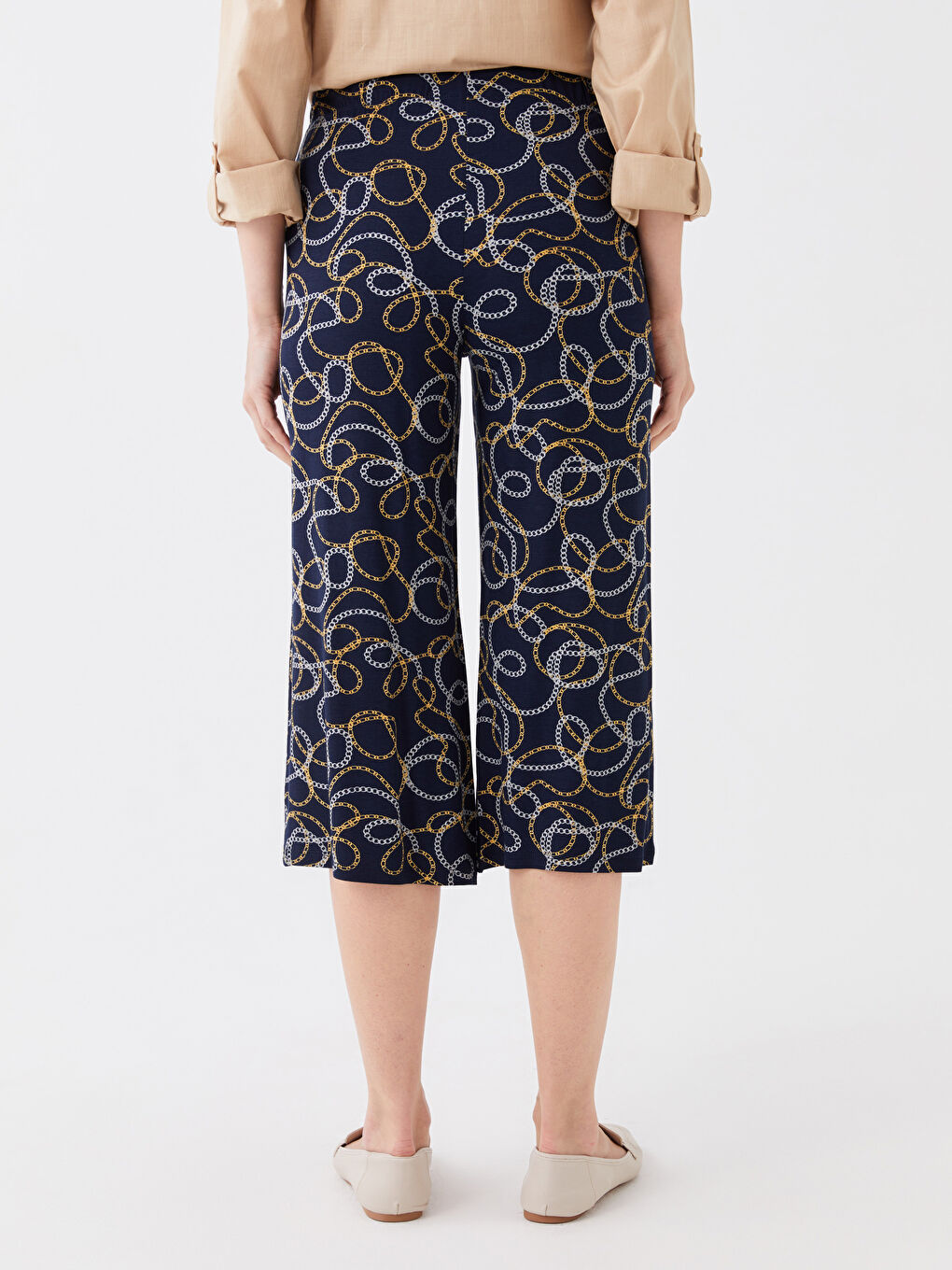 Lacivert Beli Lastikli Desenli Kadın Kapri-3