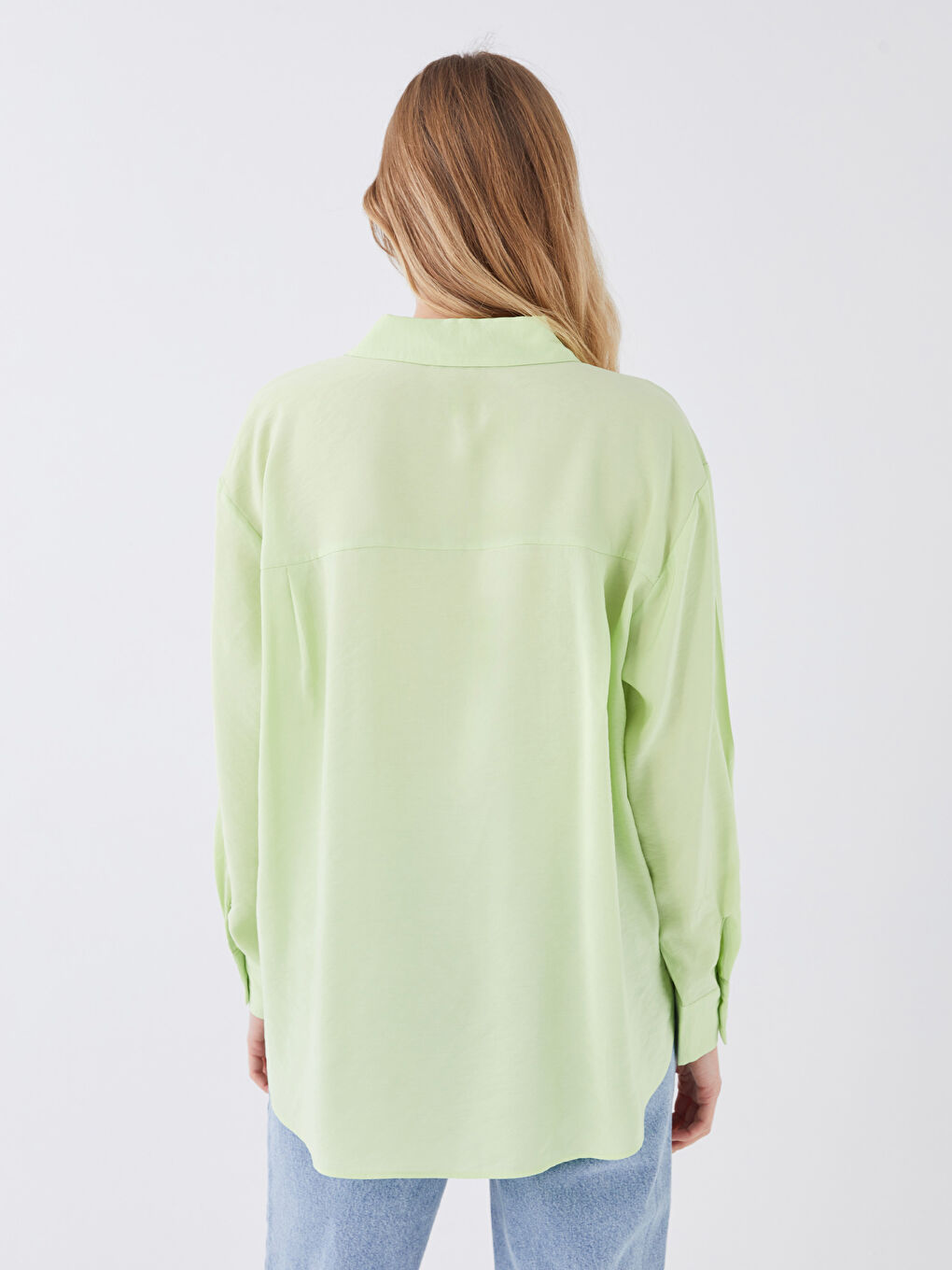 Yeşil Düz Uzun Kollu Oversize Kadın Gömlek-4
