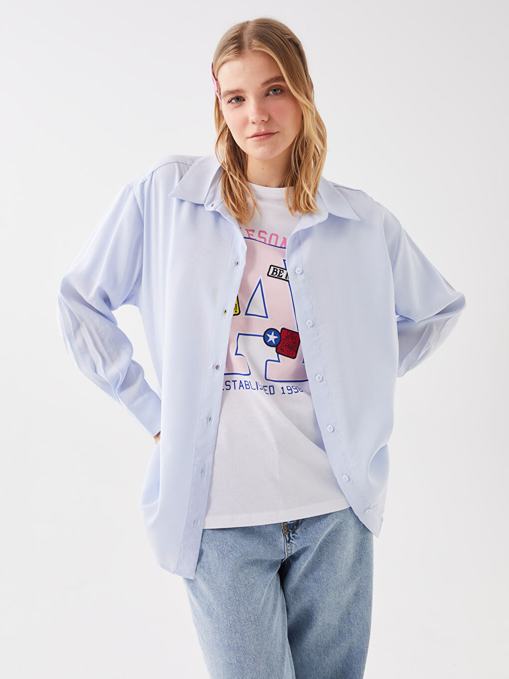 Mavi Düz Uzun Kollu Oversize Kadın Gömlek