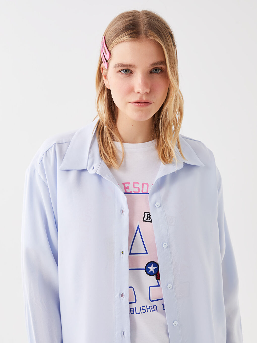 Mavi Düz Uzun Kollu Oversize Kadın Gömlek-1