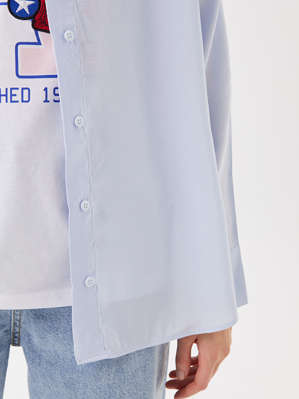 Mavi Düz Uzun Kollu Oversize Kadın Gömlek-3