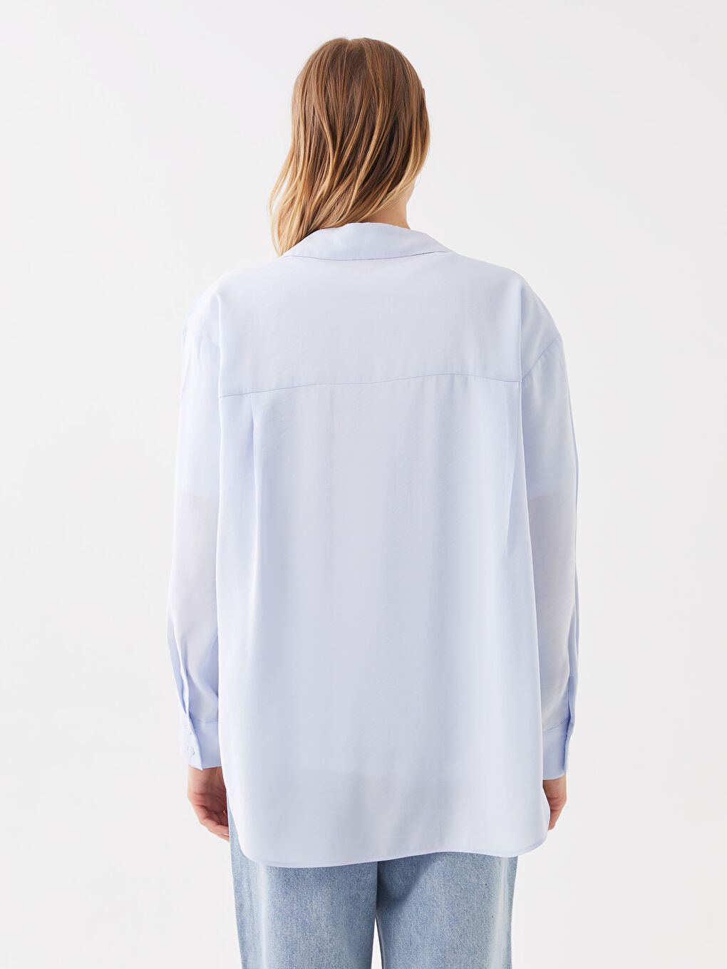 Mavi Düz Uzun Kollu Oversize Kadın Gömlek-4