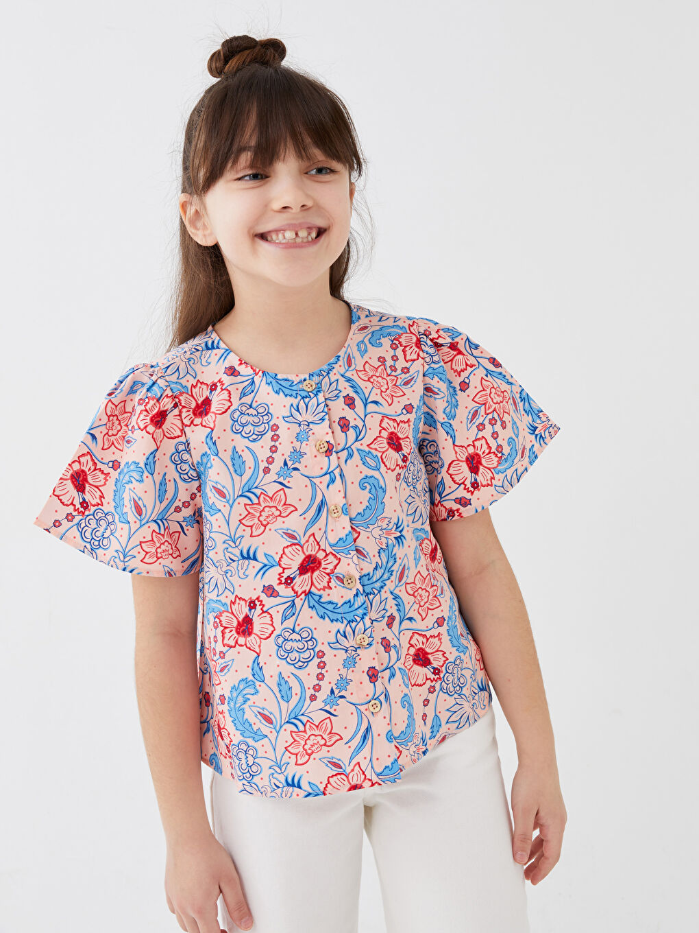 Crew Neck Patterned Short Sleeve Girls' Shirt -S3CF60Z4-LQQ