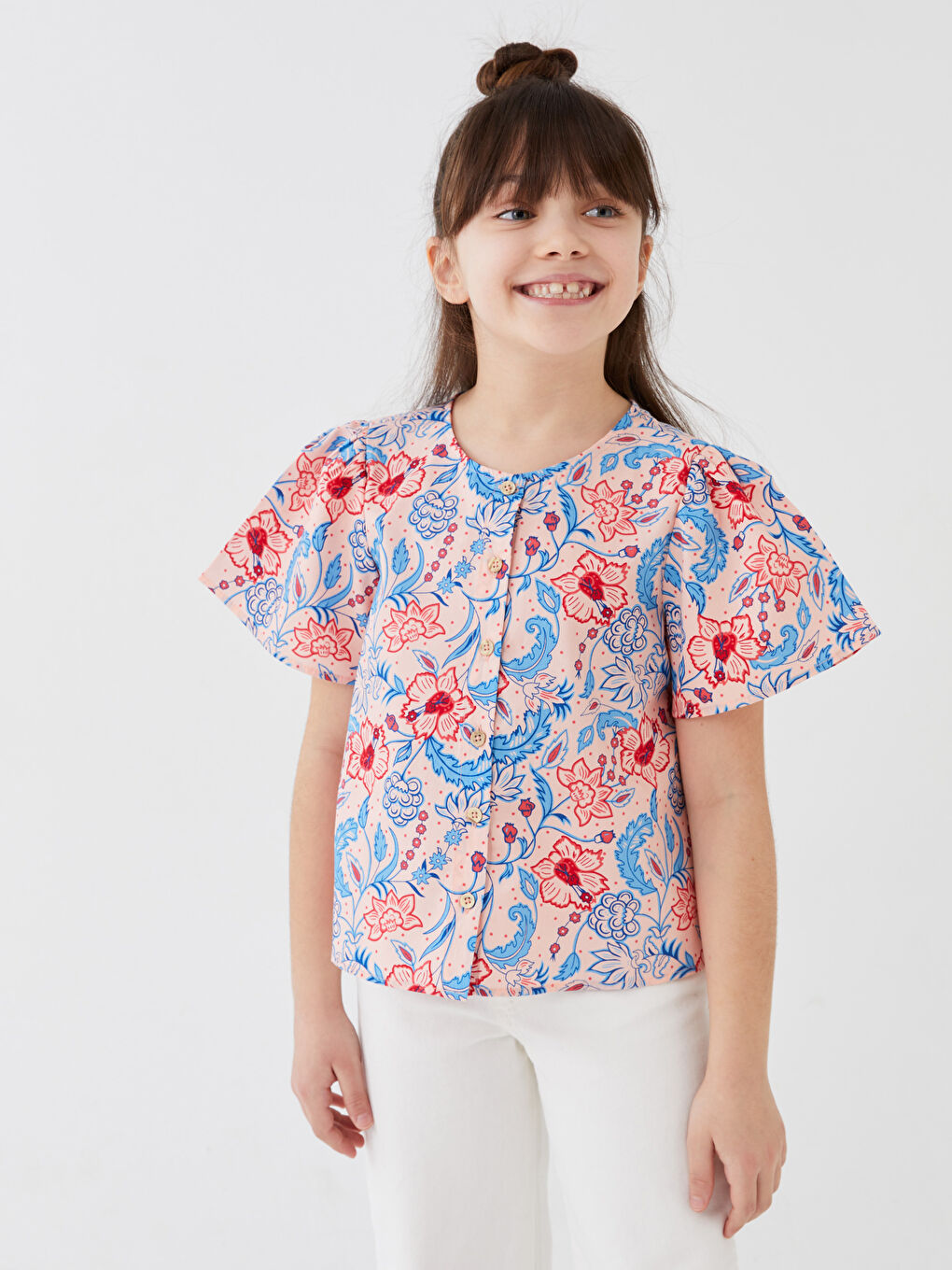 Crew Neck Patterned Short Sleeve Girls' Shirt -S3CF60Z4-LQQ