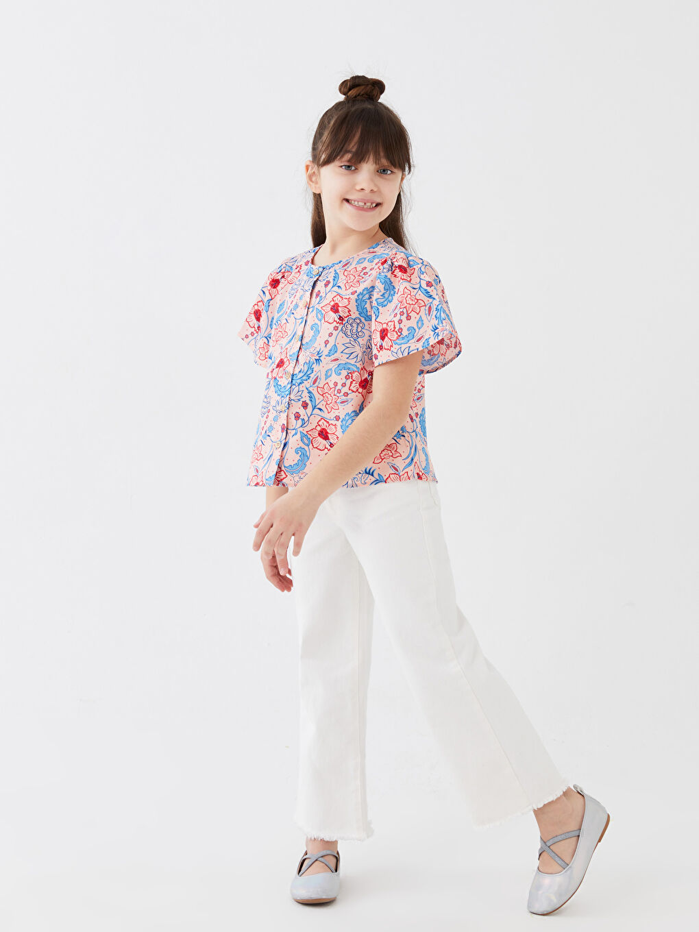 Crew Neck Patterned Short Sleeve Girls' Shirt -S3CF60Z4-LQQ
