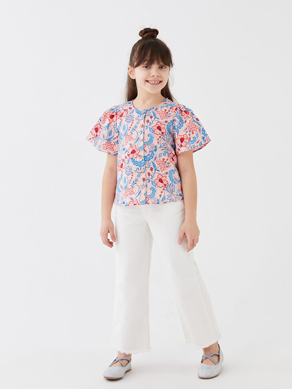 Crew Neck Patterned Short Sleeve Girls' Shirt -S3CF60Z4-LQQ