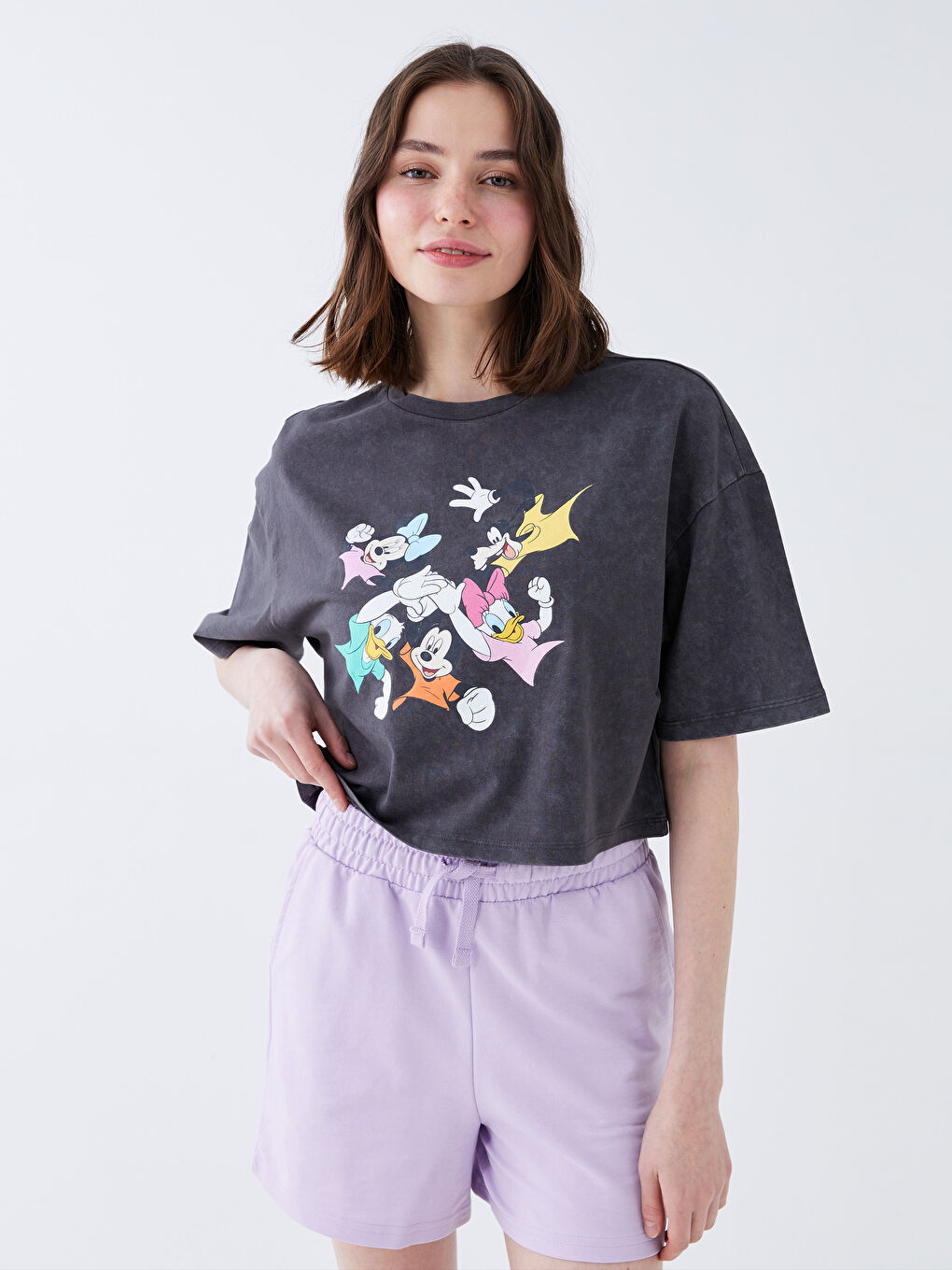 Crew Neck Mickey and Friends Printed Short Sleeve Women's Crop Top