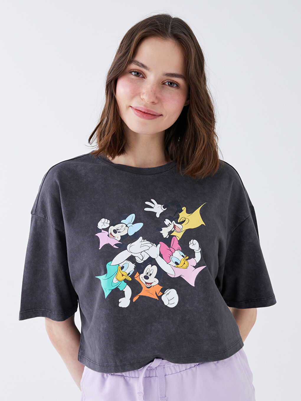 Crew Neck Mickey and Friends Printed Short Sleeve Women's Crop Top-1