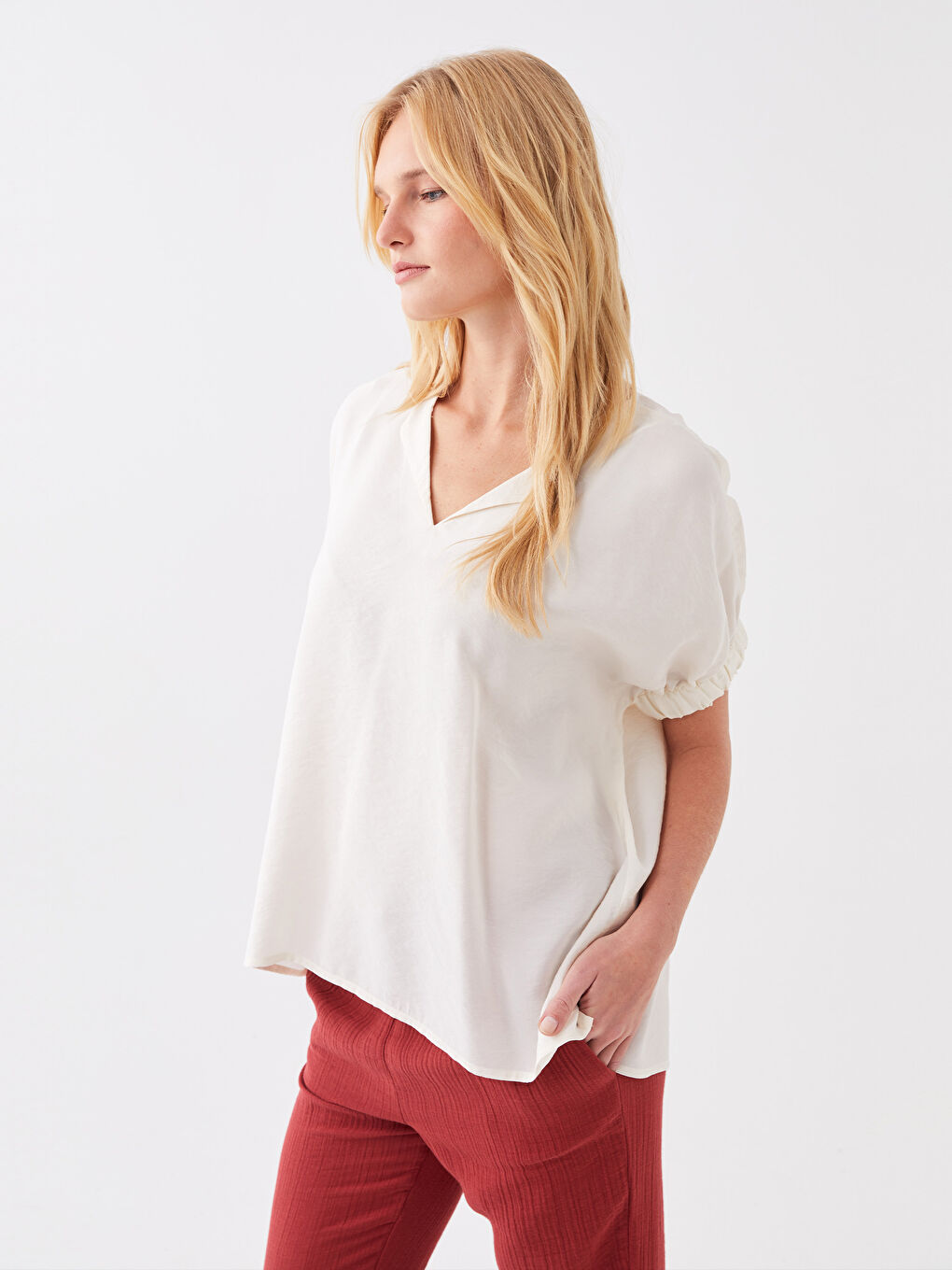 Notch Neck Plain Short Sleeve Women's Blouse-1