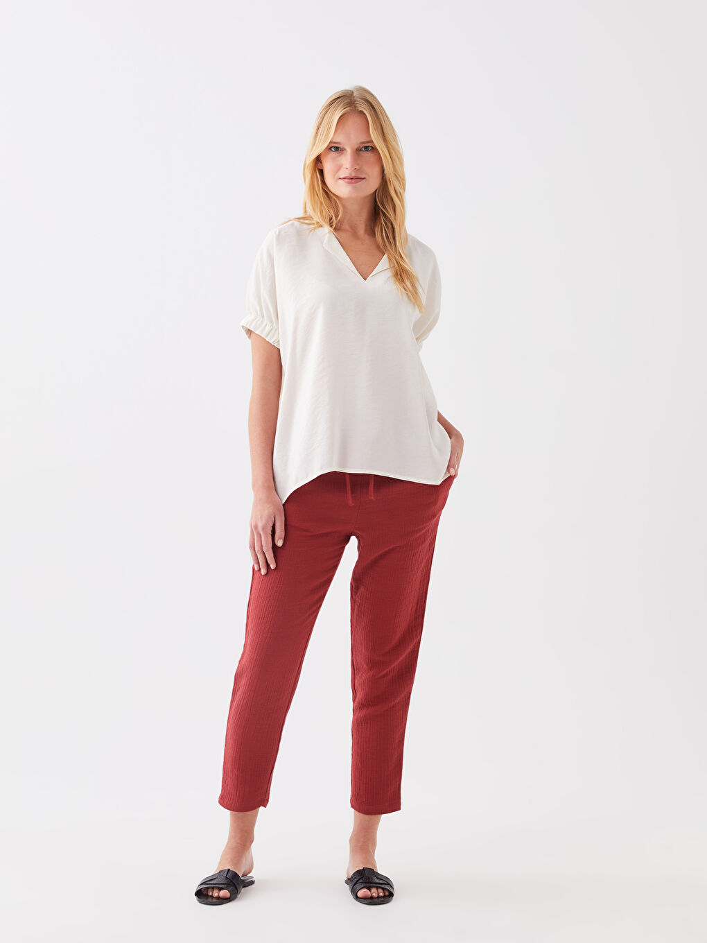 Notch Neck Plain Short Sleeve Women's Blouse-2