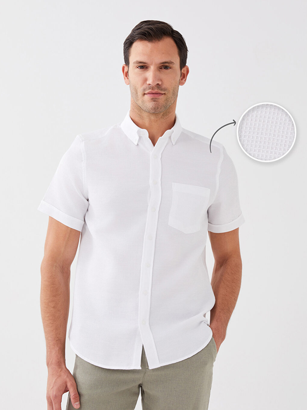 Beyaz Regular Fit Kısa Kollu Armürlü Erkek Gömlek