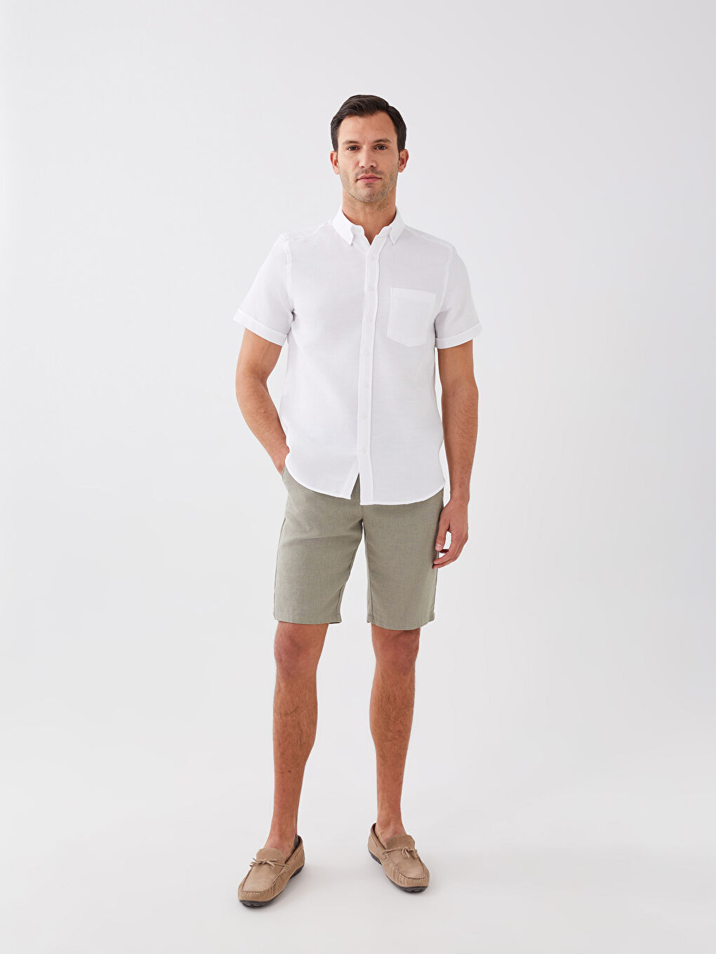 Beyaz Regular Fit Kısa Kollu Armürlü Erkek Gömlek-2