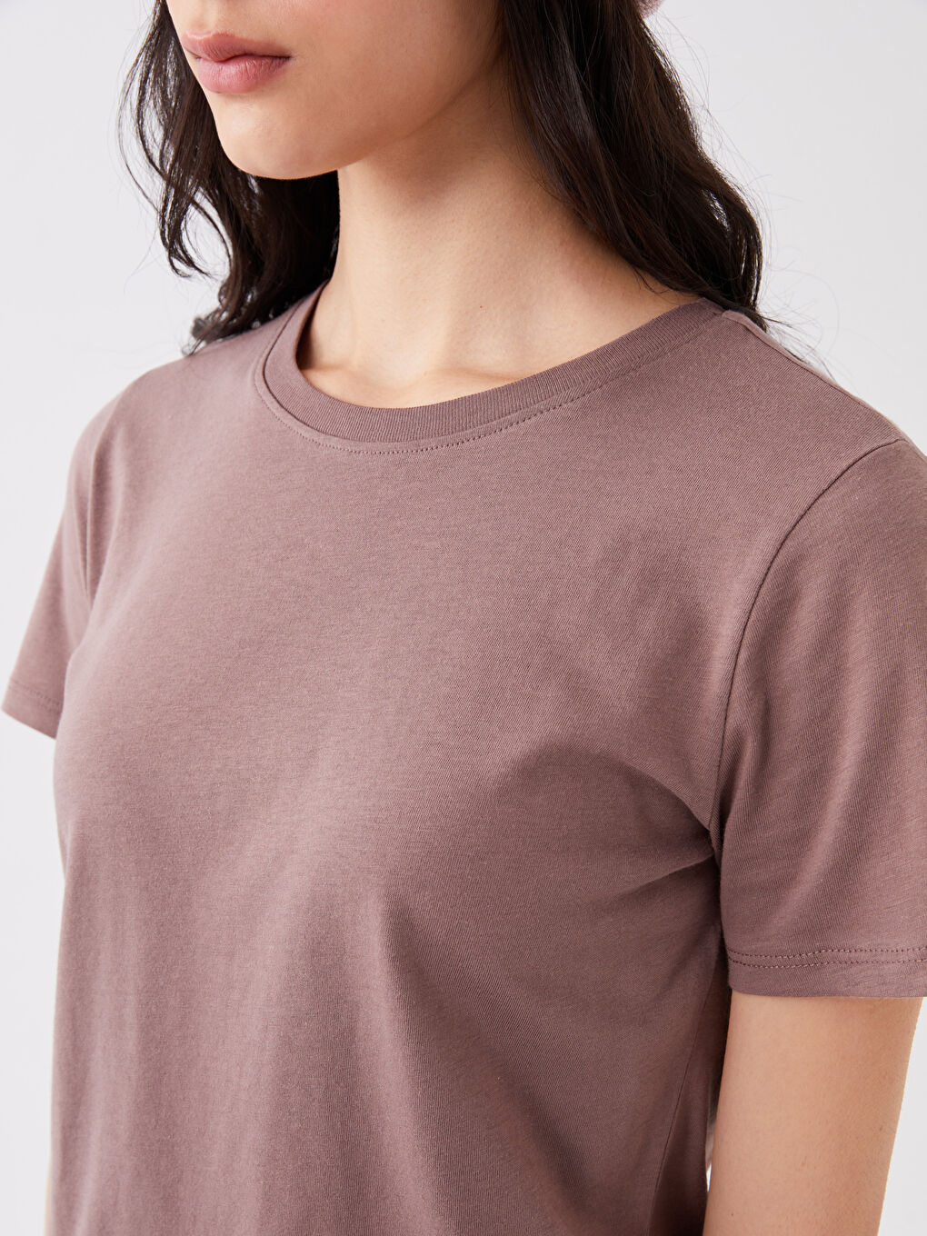 Kahverengi Bisiklet Yaka Düz Kısa Kollu Kadın Tişört-3