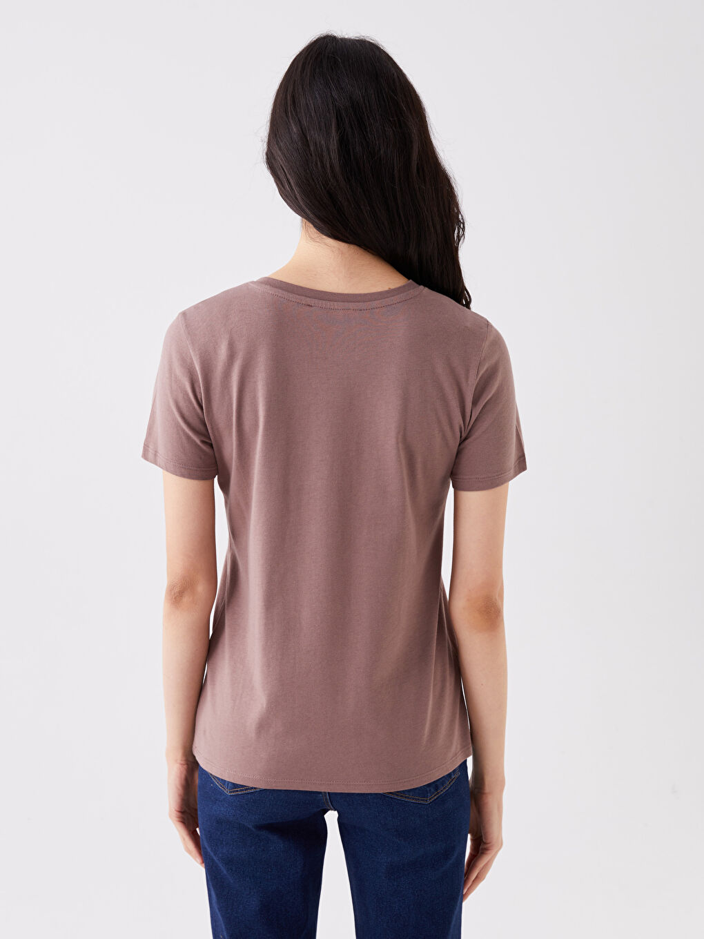 Kahverengi Bisiklet Yaka Düz Kısa Kollu Kadın Tişört-4