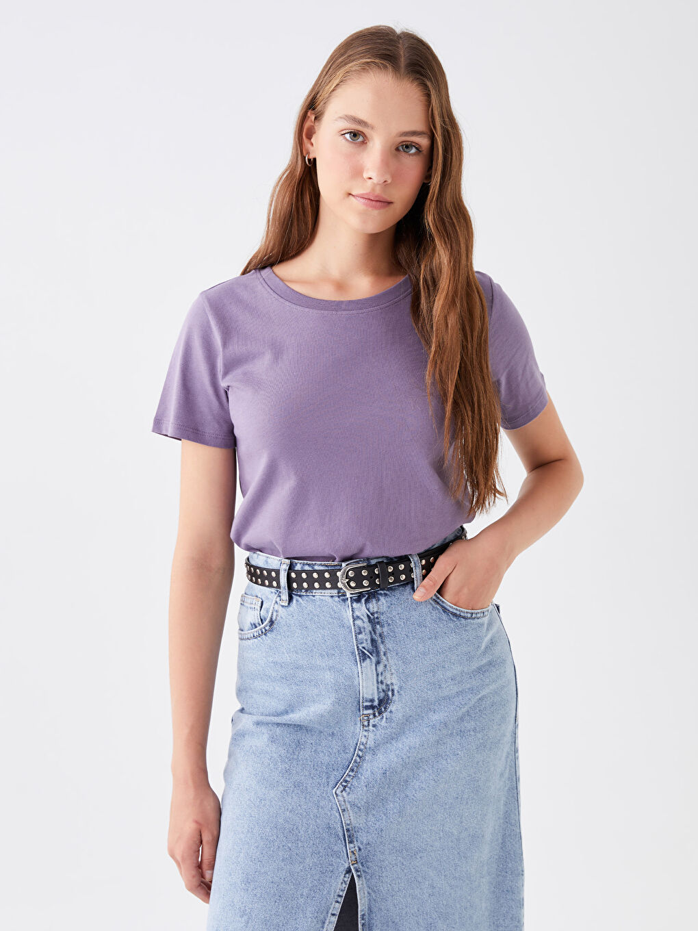 Mor Bisiklet Yaka Düz Kısa Kollu Kadın Tişört