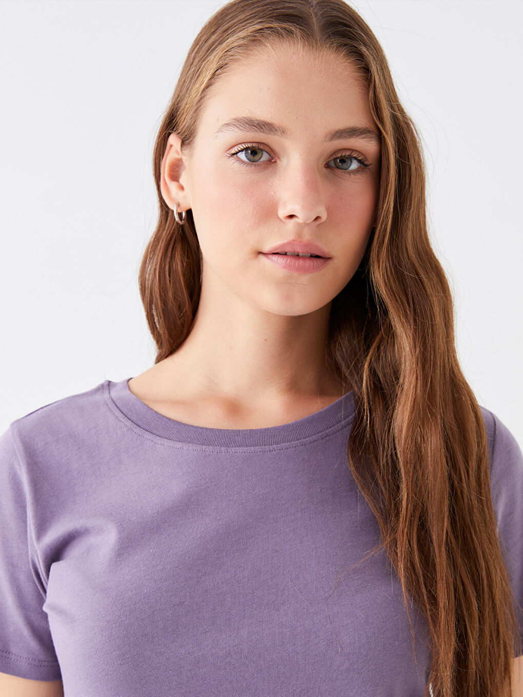 Mor Bisiklet Yaka Düz Kısa Kollu Kadın Tişört-1