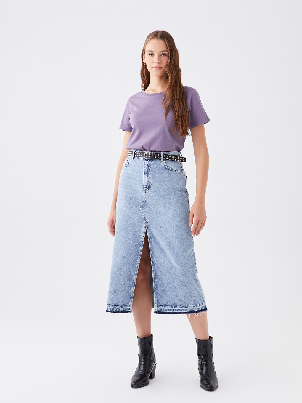 Mor Bisiklet Yaka Düz Kısa Kollu Kadın Tişört-2