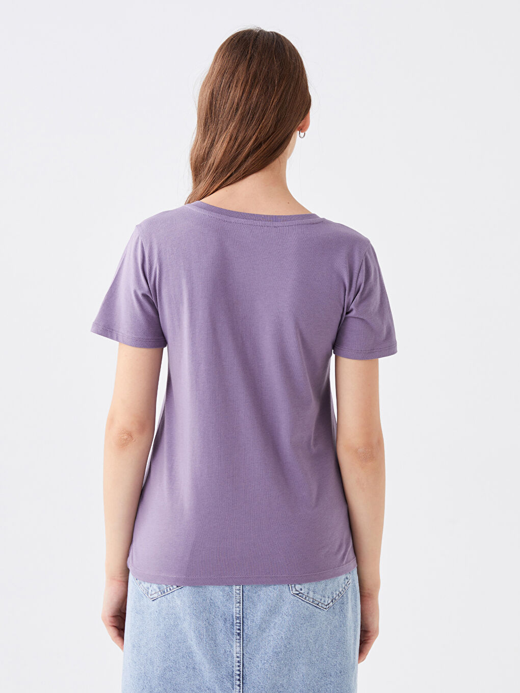Mor Bisiklet Yaka Düz Kısa Kollu Kadın Tişört-4