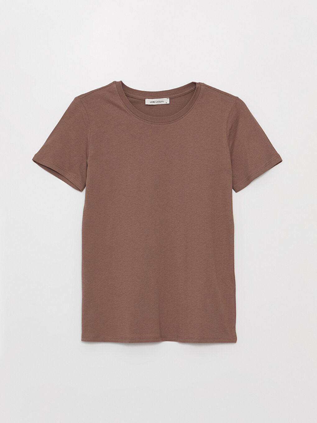 Kahverengi Bisiklet Yaka Düz Kısa Kollu Kadın Tişört-5
