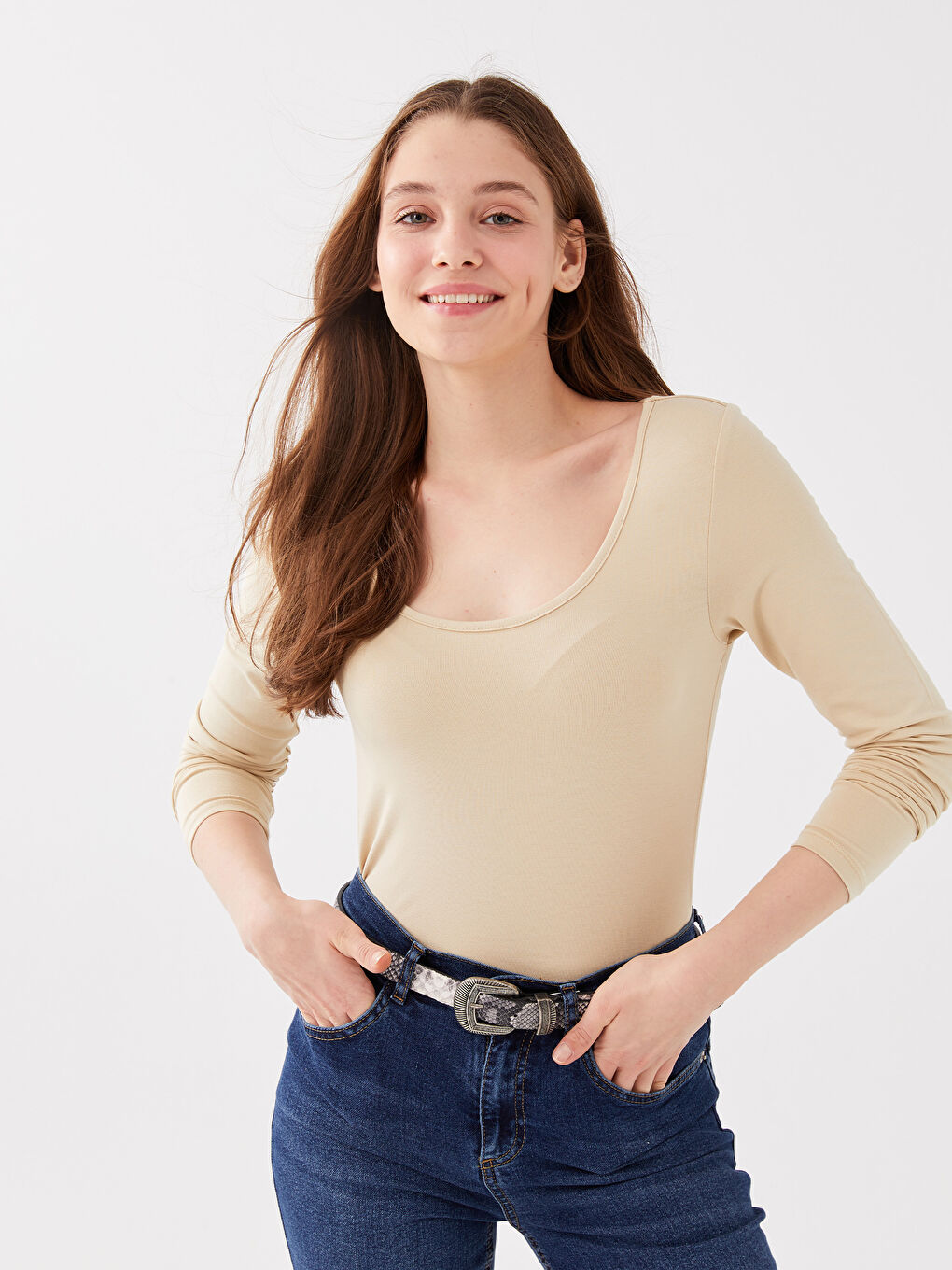 LCW Vision U Neck Straight Long Sleeve Women T-Shirt -S3CG71Z8-KPL