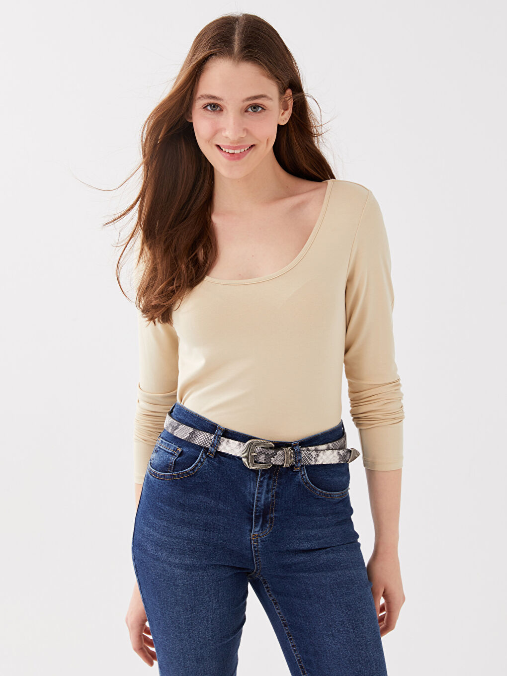 LCW Vision U Neck Straight Long Sleeve Women T-Shirt -S3CG71Z8-KPL