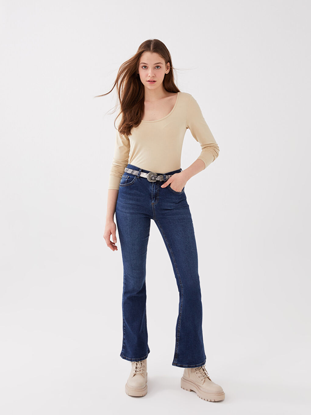 LCW Vision U Neck Straight Long Sleeve Women T-Shirt -S3CG71Z8-KPL
