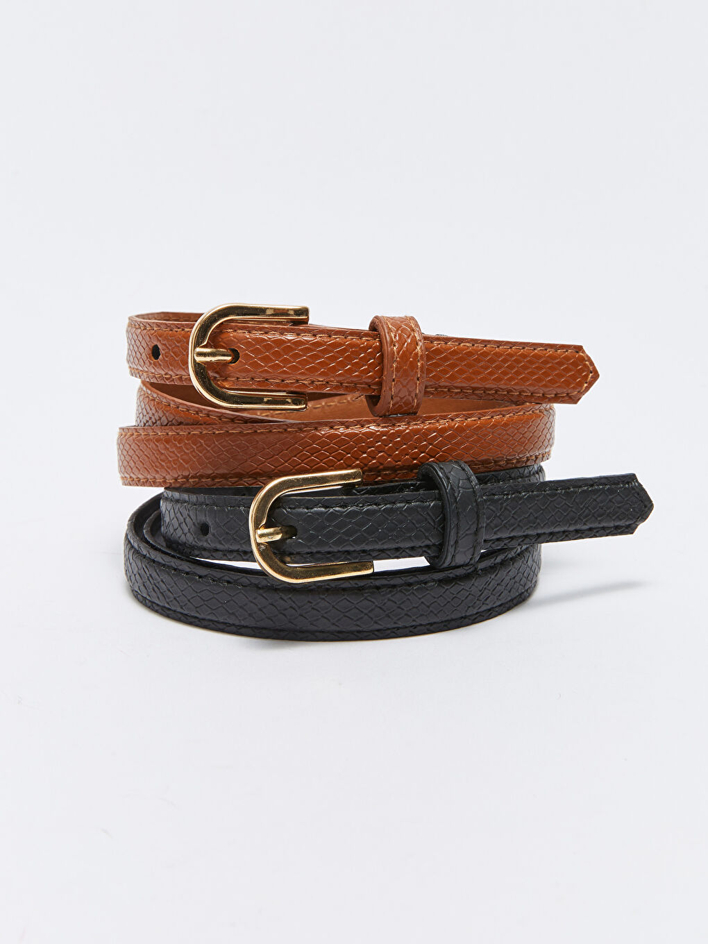 Kahverengi Deri Görünümlü Desenli Kadın İnce Kemer 2'li