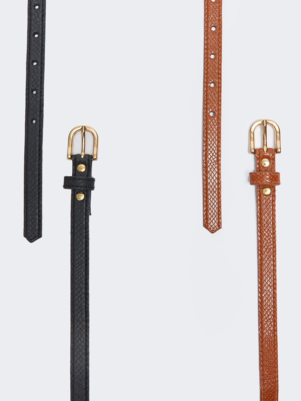 Kahverengi Deri Görünümlü Desenli Kadın İnce Kemer 2'li-1