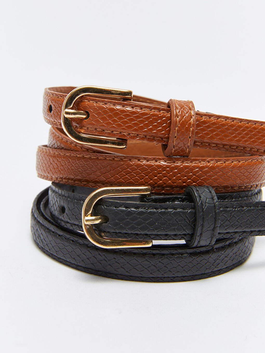 Kahverengi Deri Görünümlü Desenli Kadın İnce Kemer 2'li-2