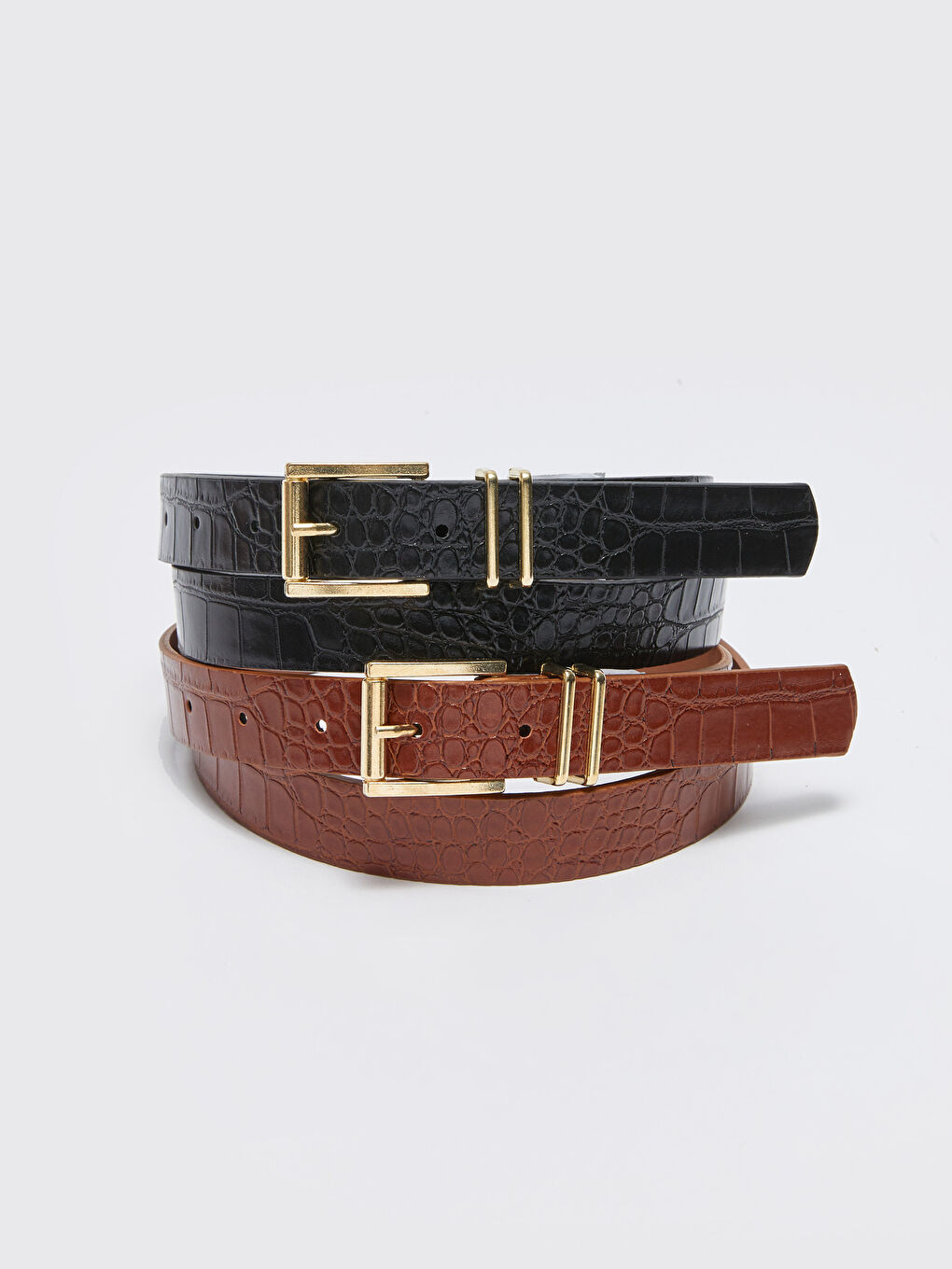 Siyah Kroko Desenli Kadın İnce Kemer 2'li