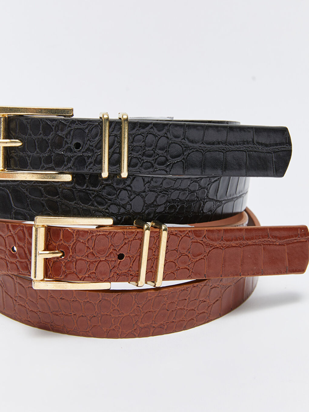 Siyah Kroko Desenli Kadın İnce Kemer 2'li-3