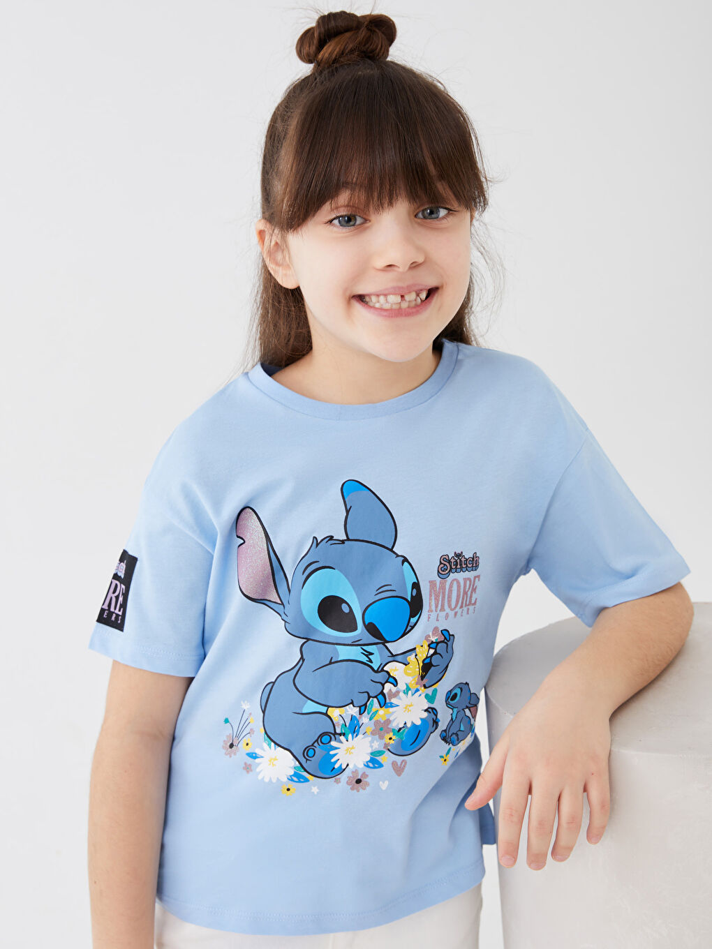 Crew Neck Lilo and Stitch Printed Short Sleeve Cotton Girls' T-Shirt-1