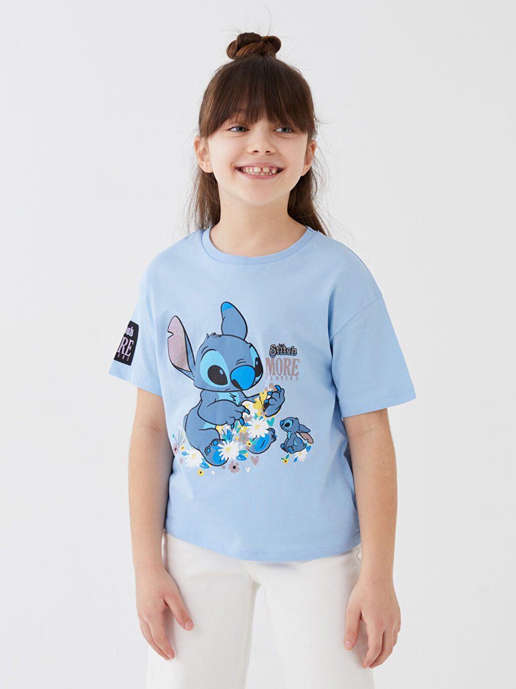 Crew Neck Lilo and Stitch Printed Short Sleeve Cotton Girls' T-Shirt-2