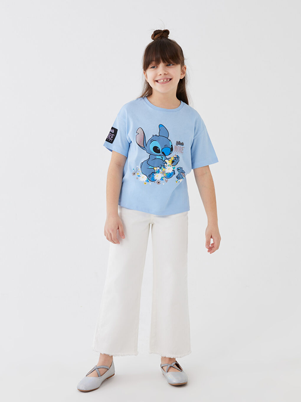 Crew Neck Lilo and Stitch Printed Short Sleeve Cotton Girls' T-Shirt-3