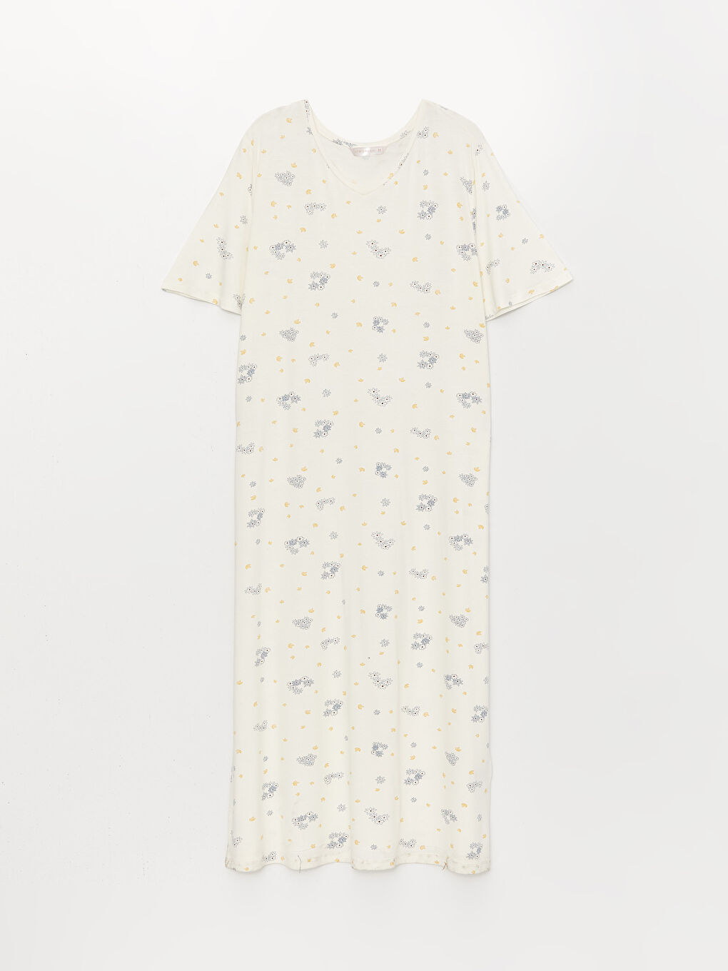 Ekru V Yaka Desenli Kısa Kollu Kadın Gecelik-4