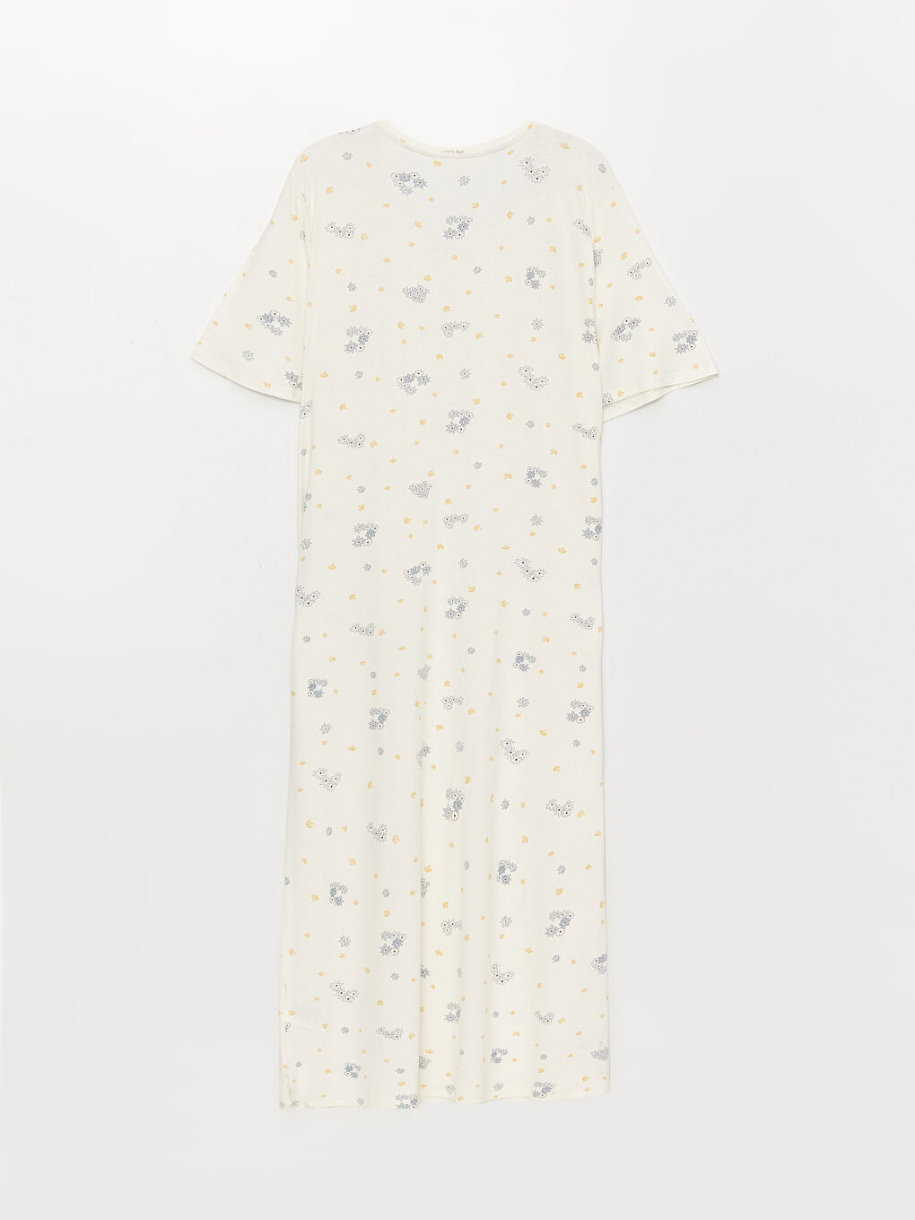 Ekru V Yaka Desenli Kısa Kollu Kadın Gecelik-5