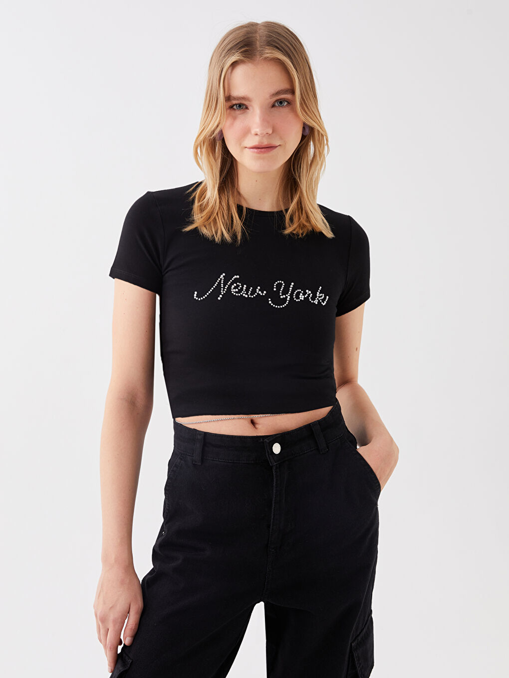 Crew Neck Rhinestone Embellished Women's Crop Top-1