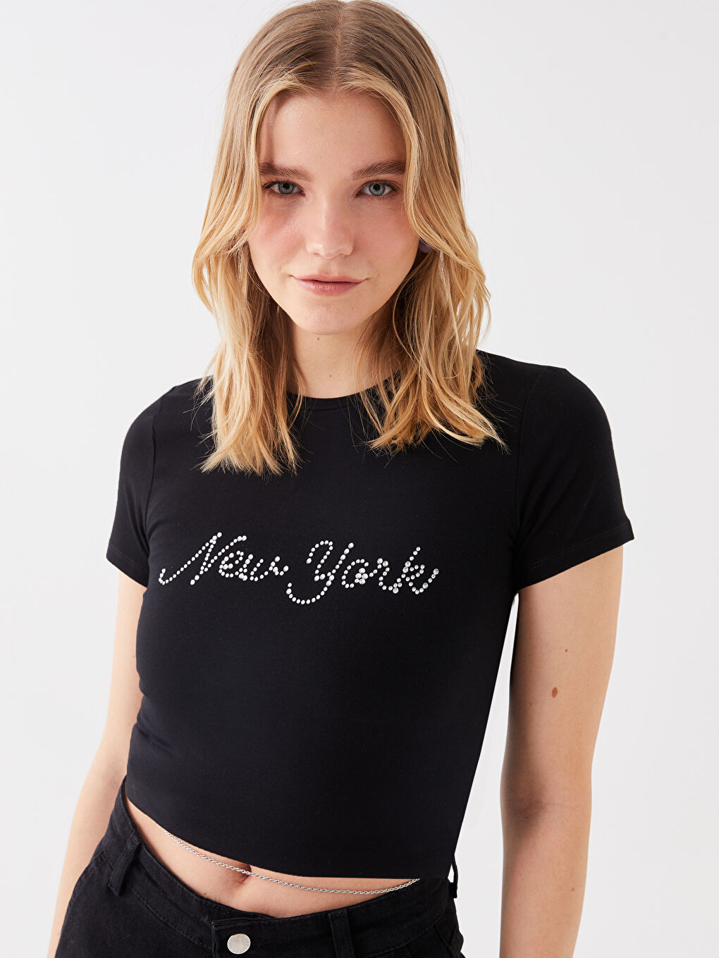 Crew Neck Rhinestone Embellished Women's Crop Top-3