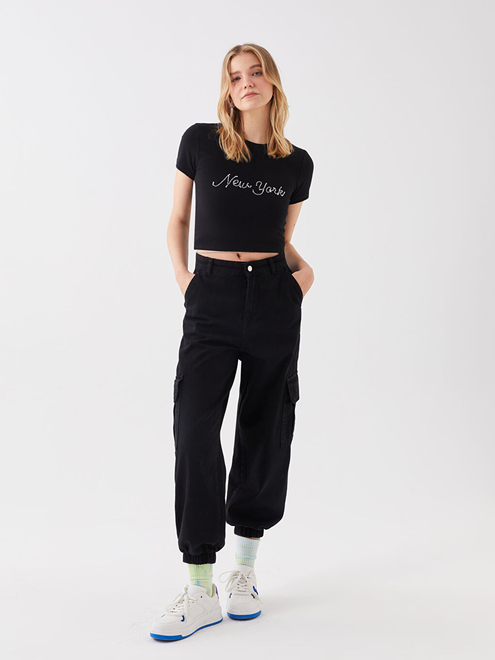 Crew Neck Rhinestone Embellished Women's Crop Top-5