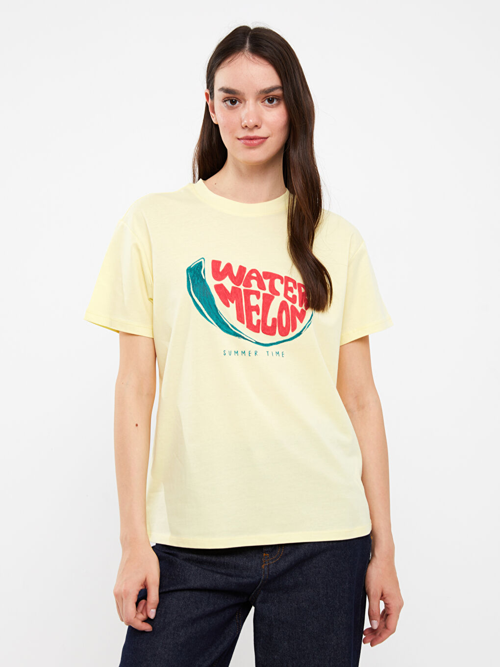 Sarı Bisiklet Yaka Baskılı Kısa Kollu Kadın Tişört