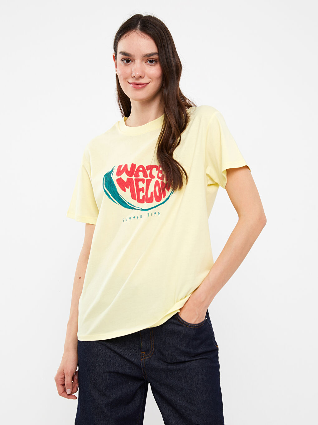 Sarı Bisiklet Yaka Baskılı Kısa Kollu Kadın Tişört-1