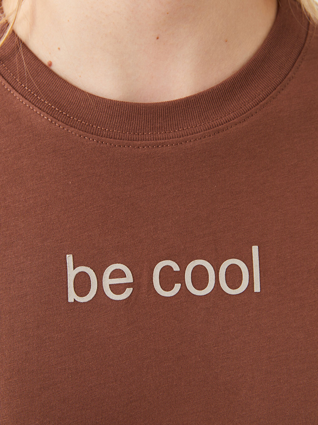 Kahverengi Bisiklet Yaka Baskılı Kısa Kollu Kadın Tişört-3