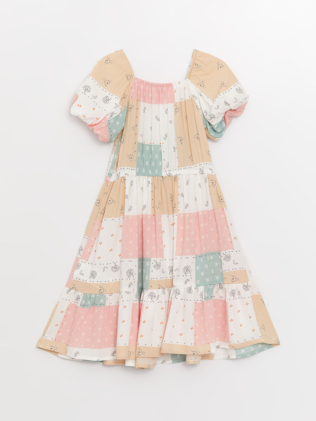 Karışık Kare Yaka Desenli Kız Çocuk Elbise-1