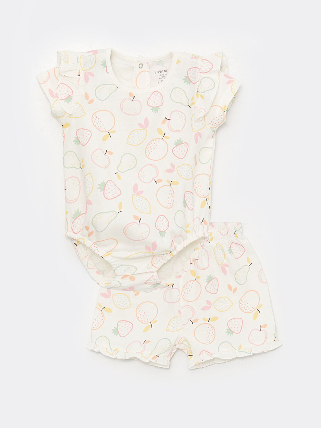 Дөңгелек жағалы қысқа жең принтті қыз балаға арналған түймелі боди мен шорты 2 бөліктен тұратын жинақ